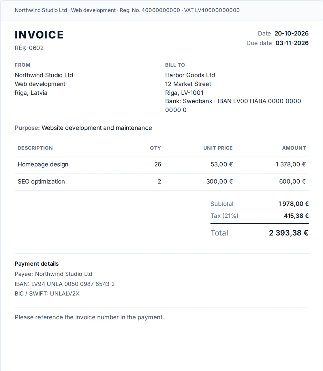 A finished invoice sheet with the grand total spelled out in words in Latvian and the seller's payment details below it.